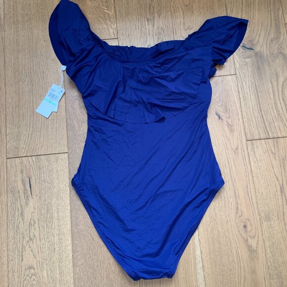 Trina Turk Paddle Suit Ruffle Monaco Navy Off Shoulder One Piece Swimsuit Size 8 - Picture 7 of 11